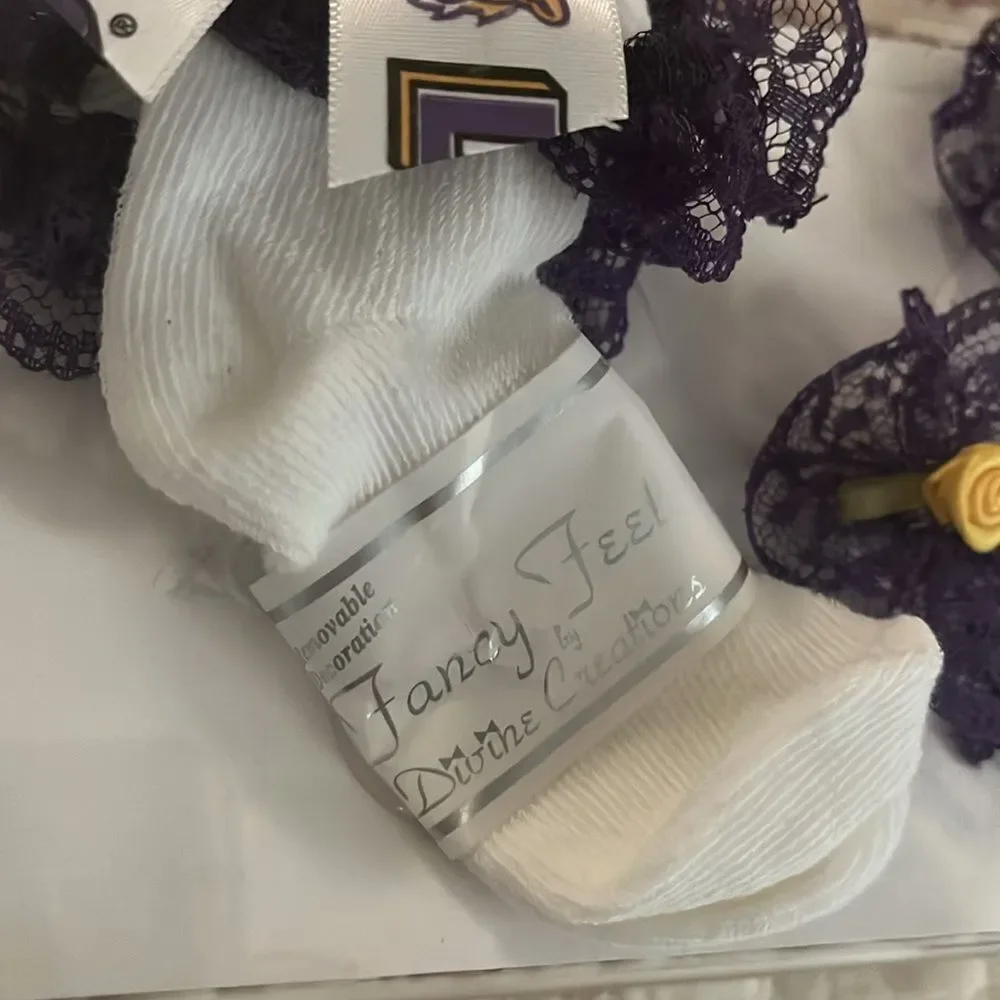 White and Purple Lace Socks with Yellow Rose Accents